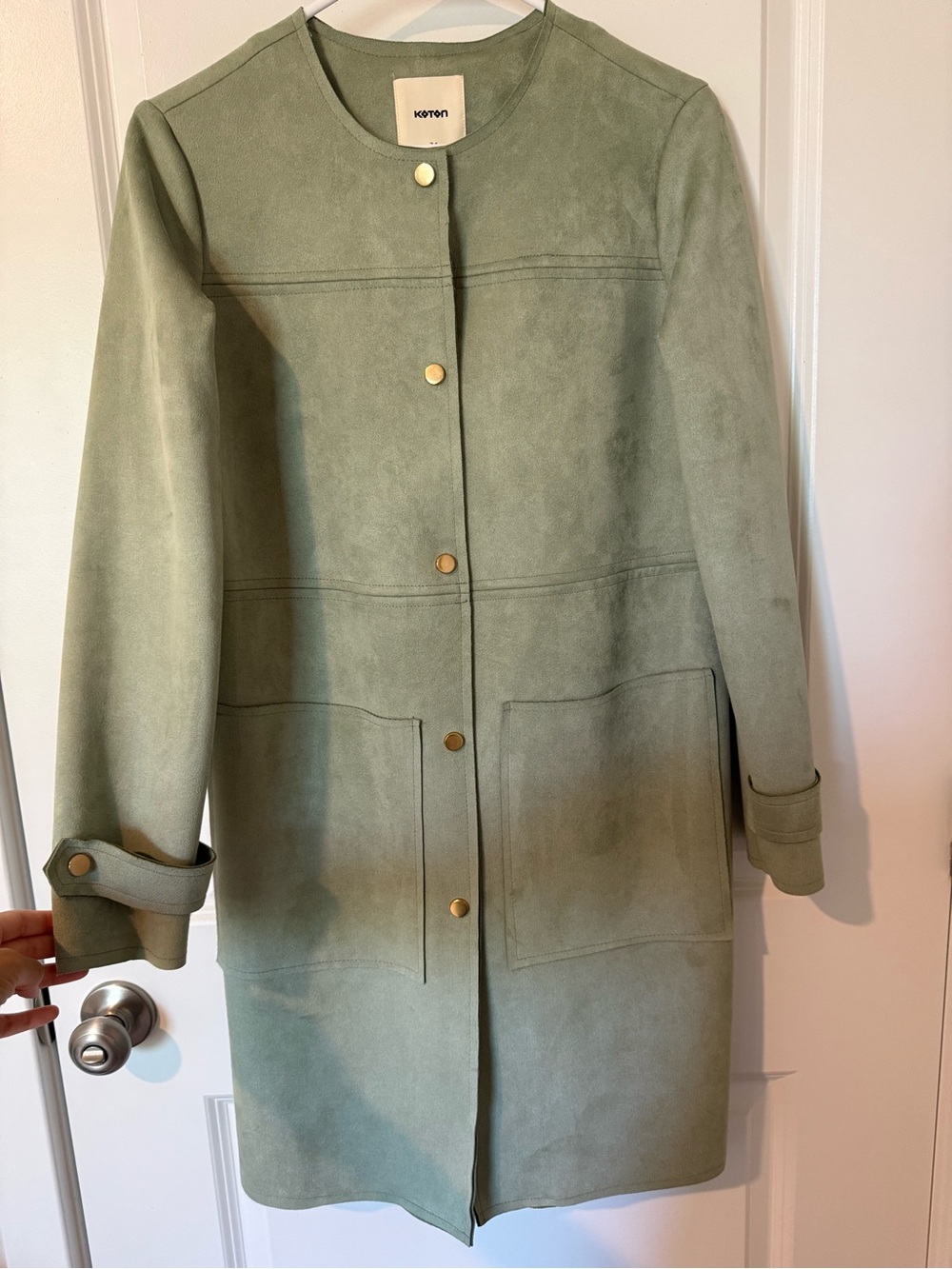Women's Sage Green Collarless Trench Coat • Small